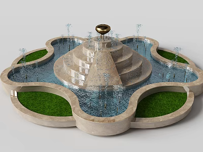 Elegant Garden Ornament Fountain With Tiered Steps Golden Central Ornament Water Jets And Grassy Areas 3d model