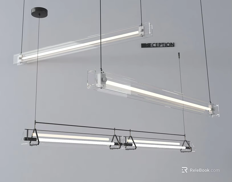 Sleek Modern Linear LED Chandeliers With Transparent White Body Black Hanging Wires And Base 3d model 
