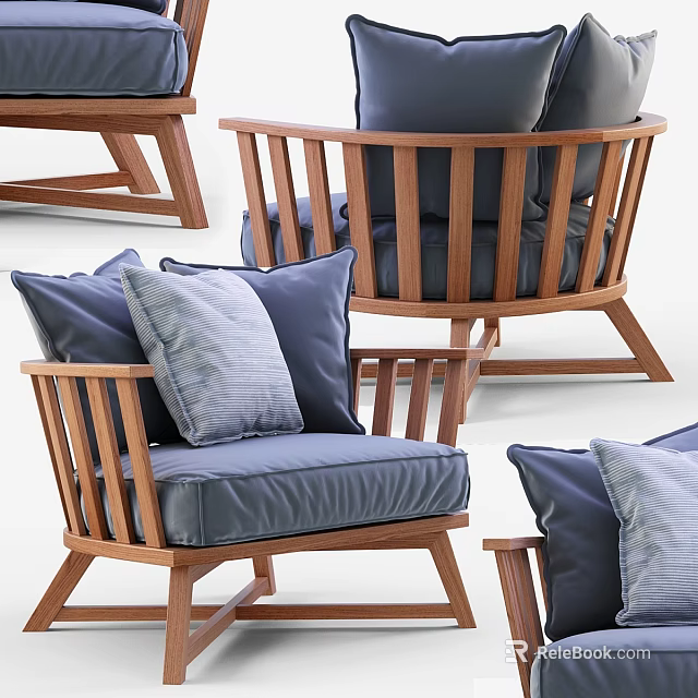 Modern Wooden Frame Leisure Chair With Blue Cushion And Comfortable Pillows 3d model 