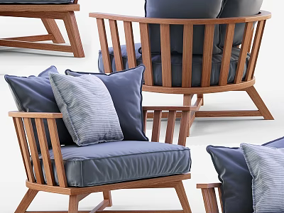 Modern Wooden Frame Leisure Chair With Blue Cushion And Comfortable Pillows 3d model