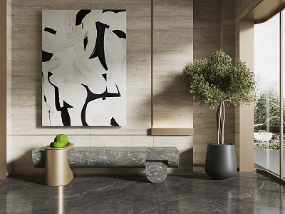 Modern Grey Stone Landscape Bench With Beige Wall Abstract Art Olive Tree And Green View 3d model