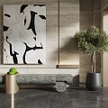 Modern Grey Stone Landscape Bench With Beige Wall Abstract Art Olive Tree And Green View