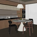 Modern Restaurant Interior With Kitchen Cabinets Pendant Lamp Round Table Chairs And White Blinds