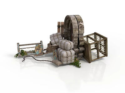 Rustic Horse Drawn Carriage Featuring Stone Water Wheel Wooden Fence Sacks And Cage 3d model