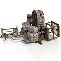 Rustic Horse Drawn Carriage Featuring Stone Water Wheel Wooden Fence Sacks And Cage