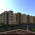 Modern Multi Story School Building with Central Courtyard Greenery Trees and People Walking