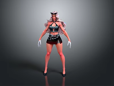 3D Character With Cat Ears Long Hair Black Outfit White Gloves And High Heels 3d model
