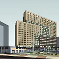 Modern Commercial Complex With Glass Curtain Walls Palm Trees Plaza Pedestrians And Retail Shops