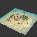 Lush Tropical Palm Trees on Sandy Beach with Blue Water Turtle Stones and Red Flowers