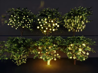 Illuminated Decorative Lights On Green Trees With Festive Hanging String Lights 3d model