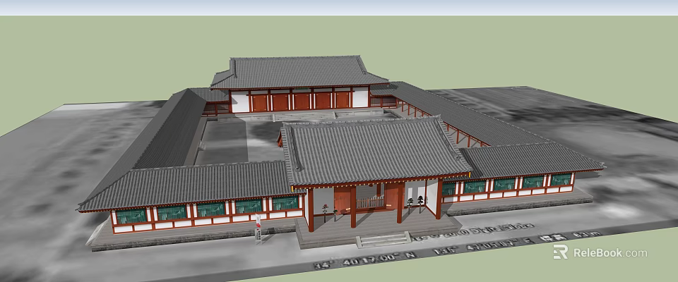 Traditional Chinese Courtyard Architecture With Gray Tiled Roofs And Red Columns 3d model 