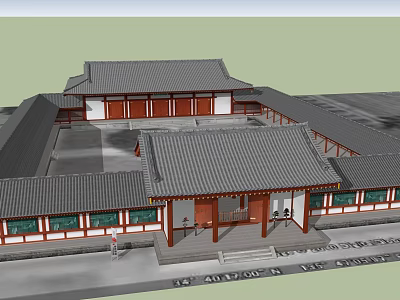 Traditional Chinese Courtyard Architecture With Gray Tiled Roofs And Red Columns 3d model