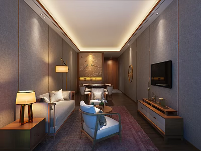 Cozy Modern Hotel Mahjong Room Interior With Sofa Chairs TV And Warm Lighting 3d model
