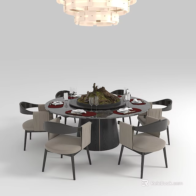 Elegant Round Dining Table Set with Beige Black Chairs Decorative Centerpiece and Tableware 3d model
