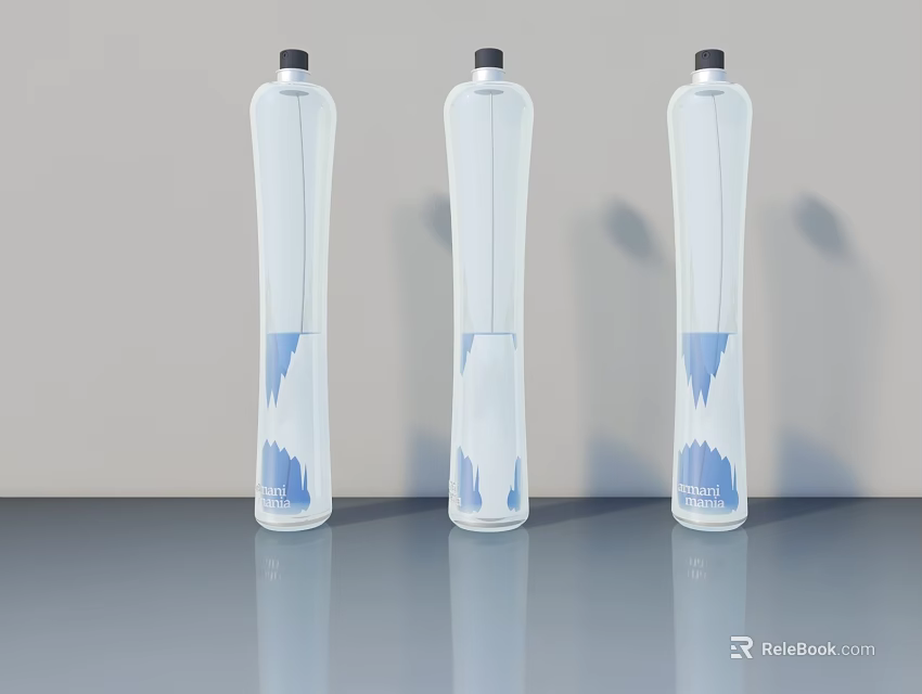 Three Transparent LAVIE Bottles With Blue Patterns On Gray Surface Light Background 3d model 