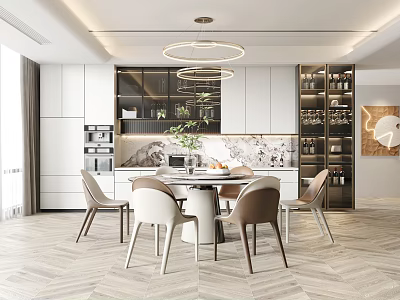 Elegant Modern Restaurant Interior With Marble Dining Table And Stylish Chandelier 3d model