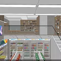 24 Hour Supermarket Interior With Shelves Daily Supplies Display Cases And Cashier Counter