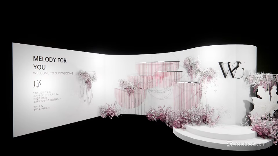 Melody For You Display With W Logo Pink Floral Decor White Curved Background And Steps 3d model 