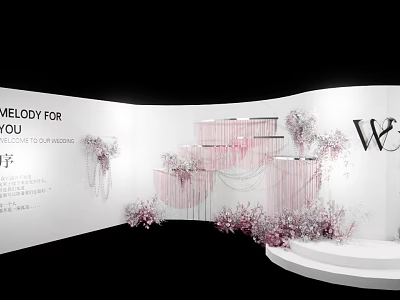 Melody For You Display With W Logo Pink Floral Decor White Curved Background And Steps 3d model