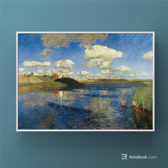 Landscape Painting With Blue Sky White Clouds Calm Water And Red Roofed Houses 3d model 