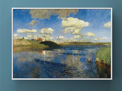 Landscape Painting With Blue Sky White Clouds Calm Water And Red Roofed Houses 3d model