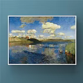 Landscape Painting With Blue Sky White Clouds Calm Water And Red Roofed Houses