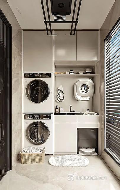 Modern Home Balcony With Washing Machine Dryer Storage Cabinets And Sink Setup 3d model 