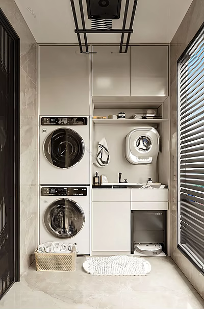Modern Home Balcony With Washing Machine Dryer Storage Cabinets And Sink Setup 3d model