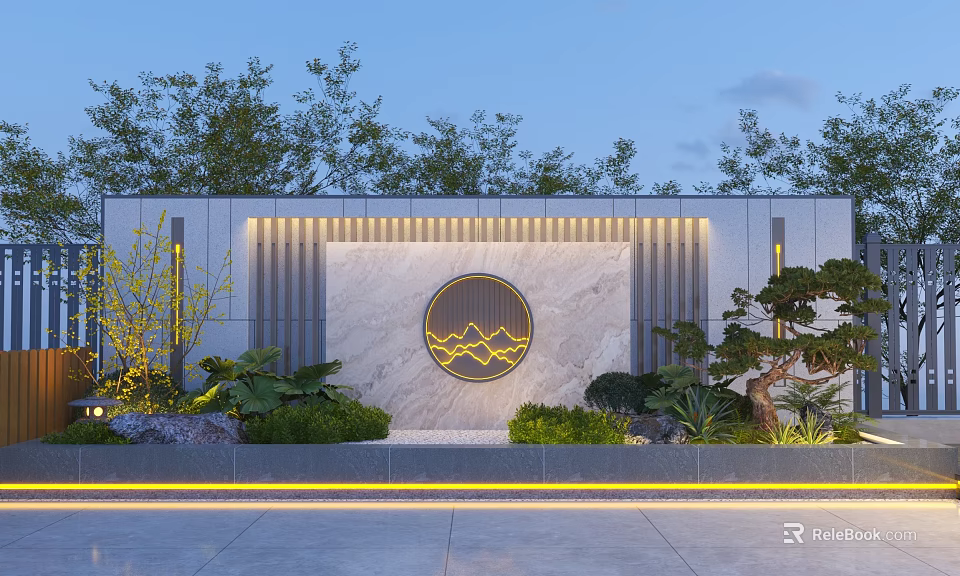 Modern Landscape Wall With Circular Marble Panel Gold Mountain Pattern And Green Plants 3d model 
