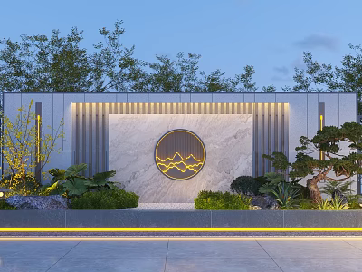 Modern Landscape Wall With Circular Marble Panel Gold Mountain Pattern And Green Plants 3d model