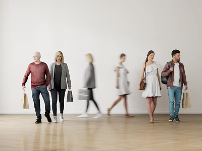 Diverse Group of People Walking Indoors With Shopping Bags On Wooden Floor And White Wall 3d model