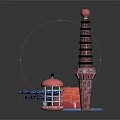 Layered Tower With Red Spherical Top And Dome Building With Blue Base White Spiral Decorations