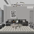 Modern Living And Dining Room Interior With Black Sofa Geometric Rug And Round Pendant Lights