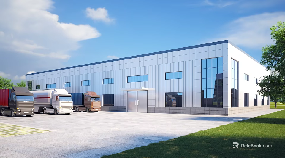 Modern Industrial Warehouse With Silver Exterior Large Glass Windows Front Trucks Parking Area And Grass 3d model 