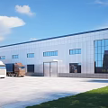 Modern Industrial Warehouse With Silver Exterior Large Glass Windows Front Trucks Parking Area And Grass