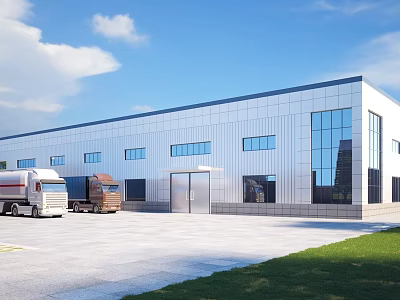 Modern Industrial Warehouse With Silver Exterior Large Glass Windows Front Trucks Parking Area And Grass 3d model