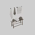 Soft Gray and White Towels Folded and Hanging on Wooden Table