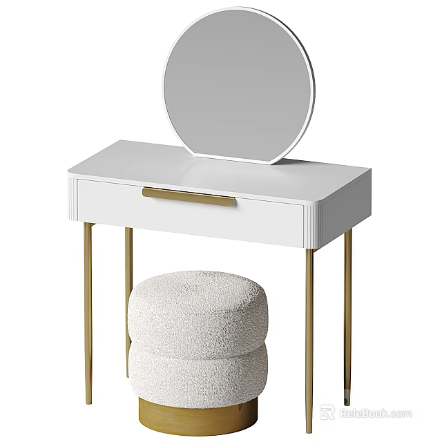 Modern White Dressing Table With Round Mirror Gold Legs And Fuzzy Stool 3d model