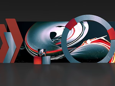 Modern Abstract Art Photo Spot With Red Grey Ring Installation And Streamlined Design 3d model