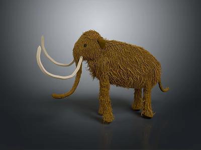 Shaggy Brown Mammoth Sculpture with Long White Tusks and Straw Made Body 3d model