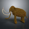 Shaggy Brown Mammoth Sculpture with Long White Tusks and Straw Made Body