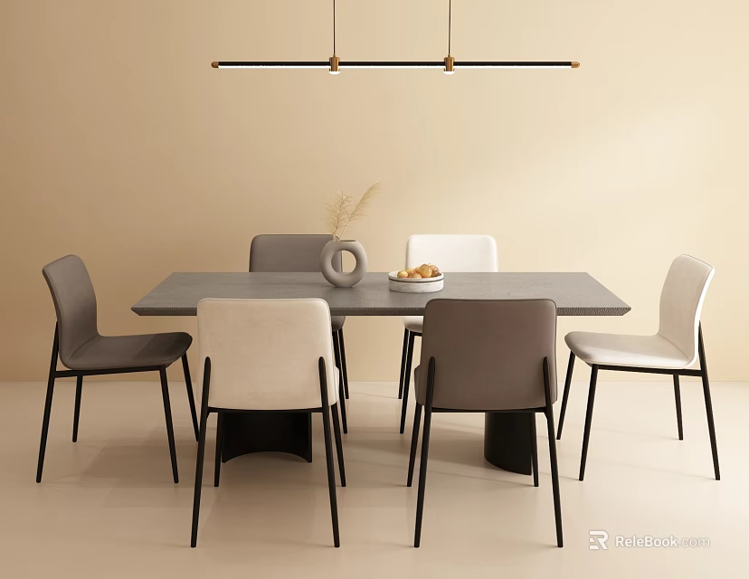 Modern Gray Dining Table With Gray Beige Chairs Vase Fruit Plate And Long Pendant Lights 3d model 