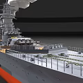 Gray Battleship with Orange Bottom Multiple Turrets Smoking Chimney and Deck Equipment 3d model