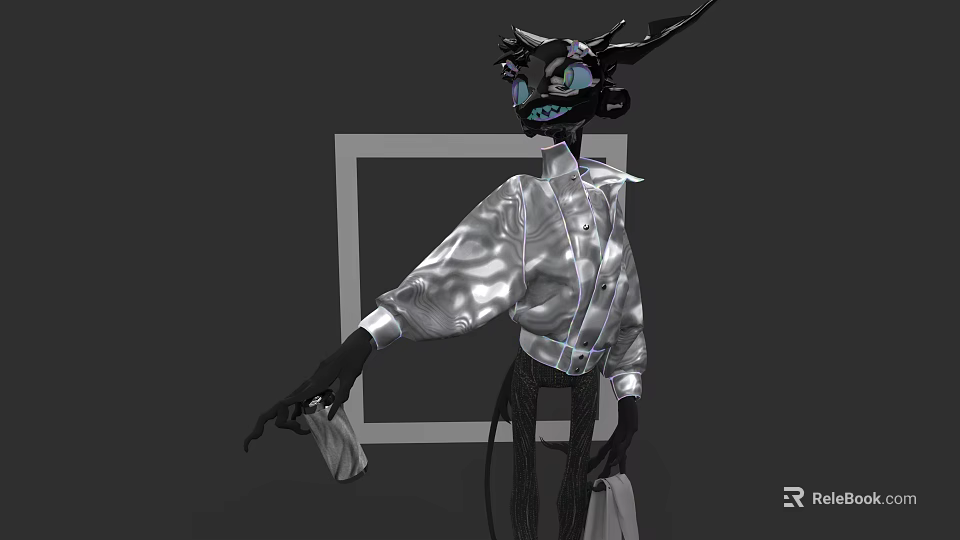 Silver Shiny Long Sleeved Shirt With Collar And Buttons On Gray Background 3d model 