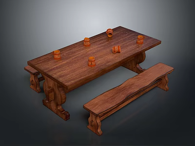 Rustic Solid Wood Dining Table With Matching Bench And Orange Decor Items On Top 3d model