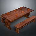Rustic Solid Wood Dining Table With Matching Bench And Orange Decor Items On Top