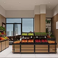 Modern Cozy Fruit Store Interior Design With Neat Fresh Fruit Shelves And Marble Checkout Counter