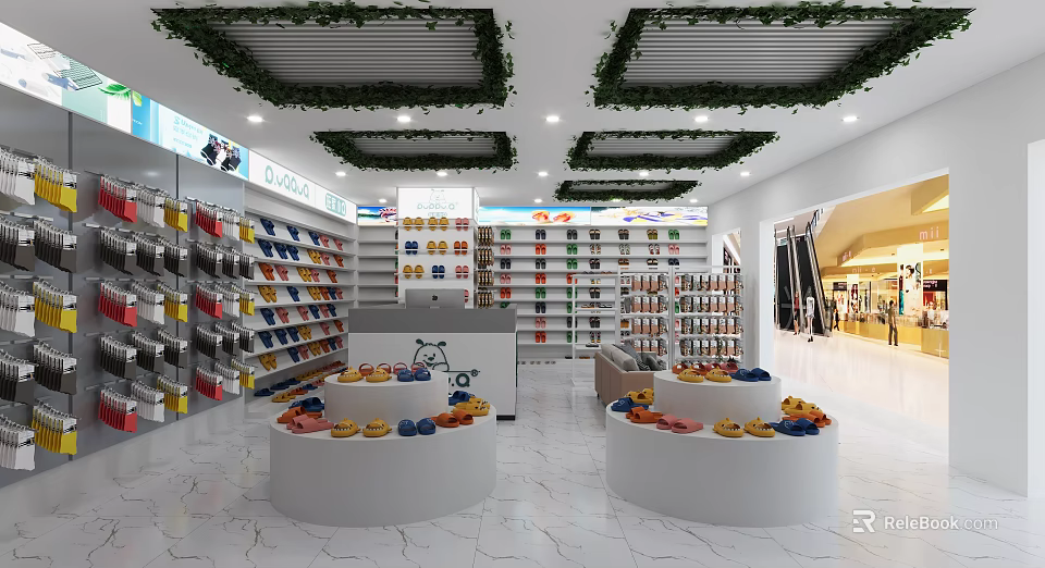 Retail Store Interior With Round Display Tables Shelves And Ceiling Greenery 3d model