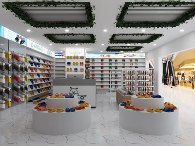 Retail Store Interior With Round Display Tables Shelves And Ceiling Greenery 3d model