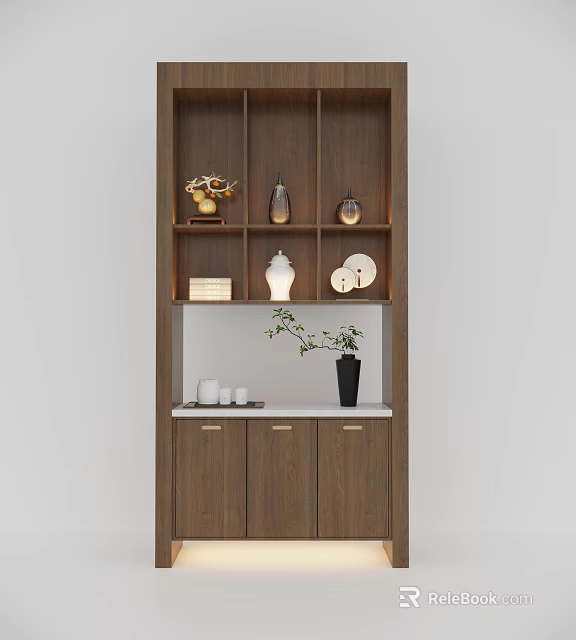 Modern Wooden Console Side Cabinet With Shelves Lighting Decorative Items And Plant 3d model 